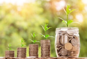 Piles of coins with plants sprouting