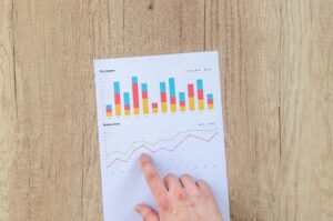 Pointing at graphs showing financial growth